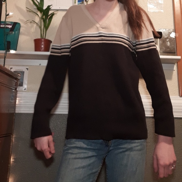 Vintage black, tan, white striped sweater. - Picture 2 of 6
